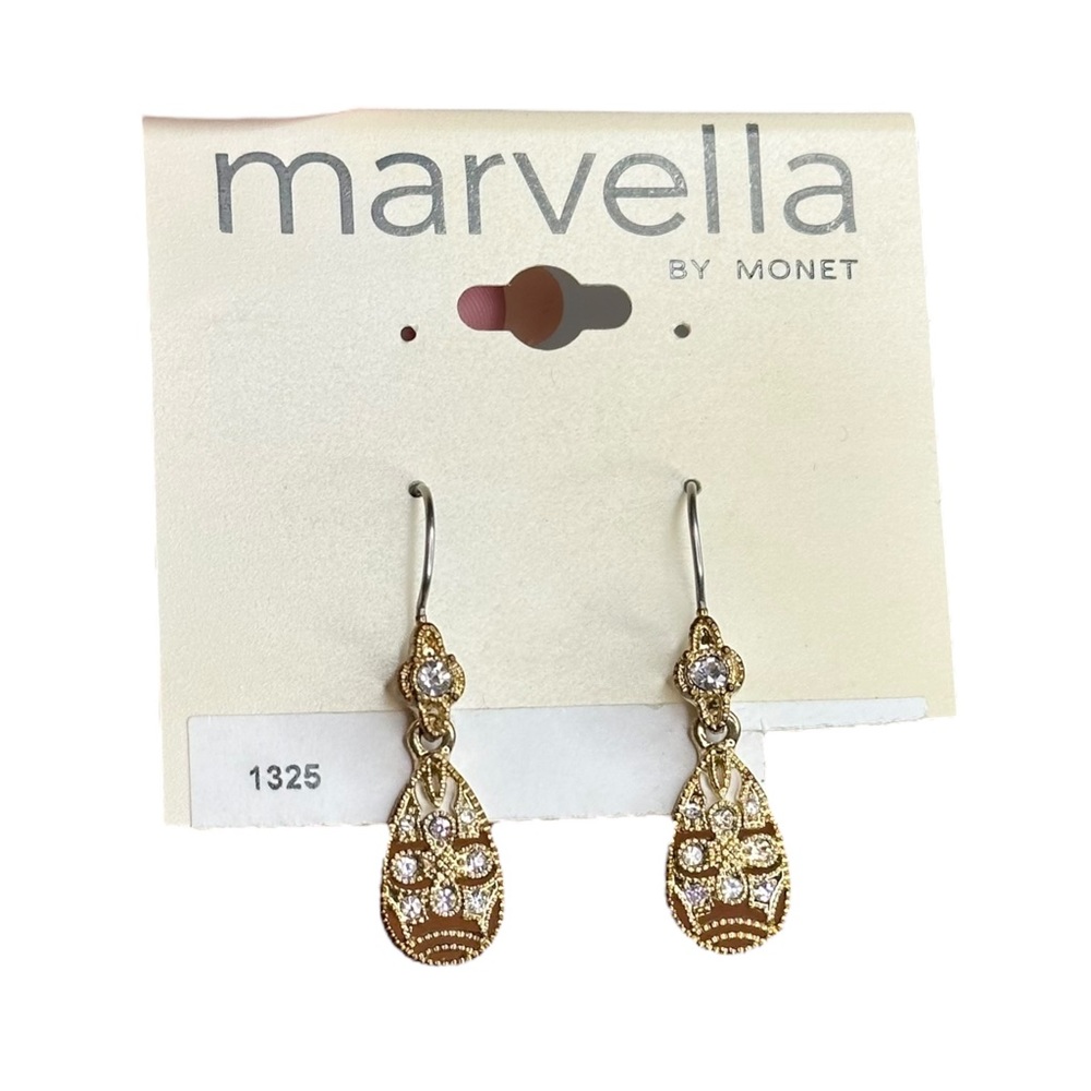 Marvella Monet NWT Vintage Gold Tone Filigree Rhinestone Pierced Dangle Earrings